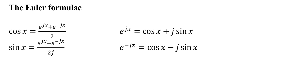 Formula sheet extract: the Euler formulae for cos x and sin x in terms of exponentials, and e to the j x expanded into cos plus j sin.